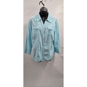 JM Collection Women's Blouse Shirt 3/4 Sleeve Button Up Size 12 Light Aqua Color